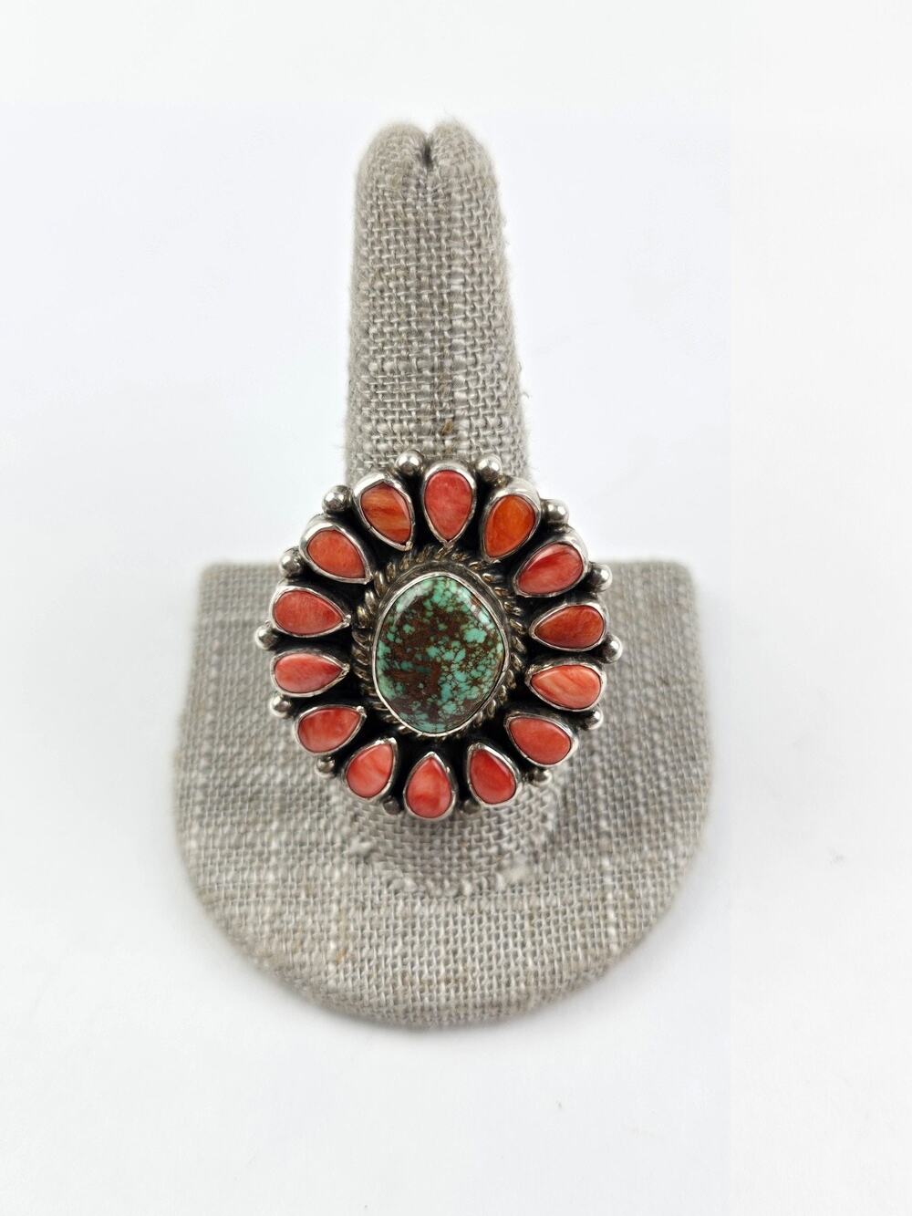 Tonya June Rafael Navajo Spiderweb Turquoise Orange Coral Sterling Ring Size 10